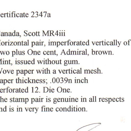Canada #MR4iii XF Mint Imperf Between Pair