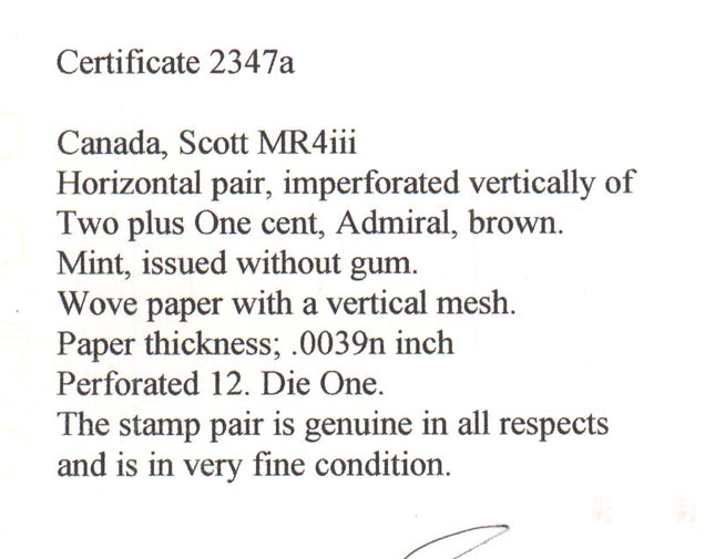 Canada #MR4iii XF Mint Imperf Between Pair
