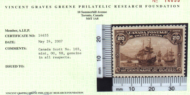 Canada #103 NH Mint **With Certificate**
