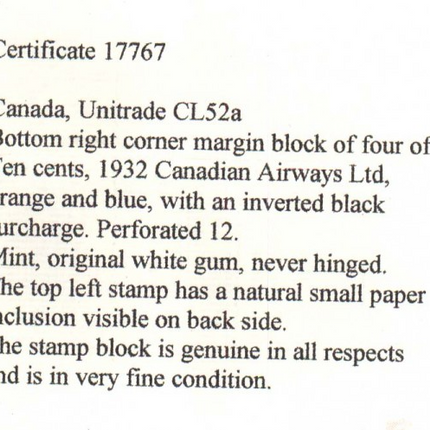 Canada #CL52a XF/NH Inverted Surcharge Showpiece Corner Block