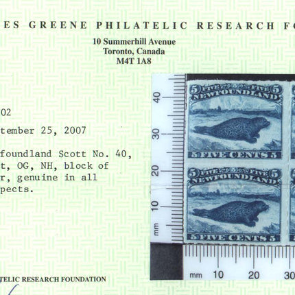 Newfoundland #40 XF/NH Block  **With Certificate**