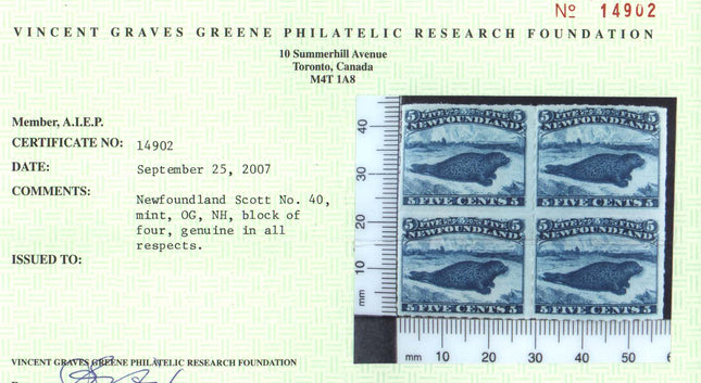 Newfoundland #40 XF/NH Block  **With Certificate**