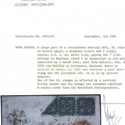 Nova Scotia #2a #2 Used Bisect On Folded Cover **With Cert.**