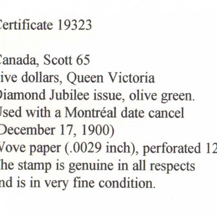 Canada #65 Used Superb Jumbo With Date Cancel  **With Cert.**