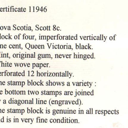 Nova Scotia #8c XF/NH Imperf Between Block **With Cert.**