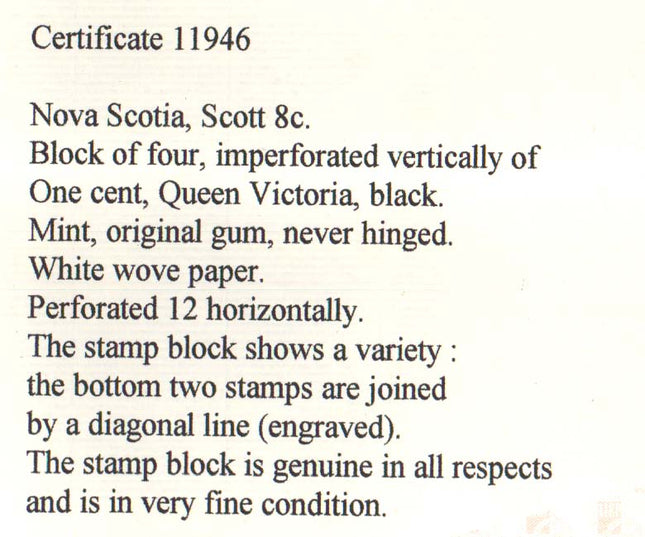 Nova Scotia #8c XF/NH Imperf Between Block **With Cert.**