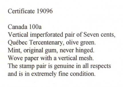 Canada #100a XF/NH Imperforate Pair **With Certificate**