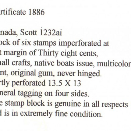 Canada #1232ai XF Mint Block Of Six **With Certificate**