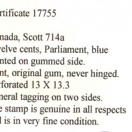 Canada #714a XF/NH Printed On Gum Side **With Cert.**