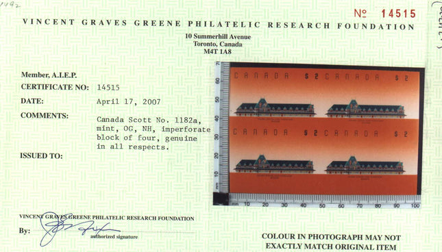 Canada #1182a XF/NH Imperf Block Of Four  **With Cert.**