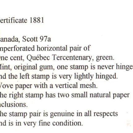 Canada #97a XF Mint Imperforate Pair **With Certificate**