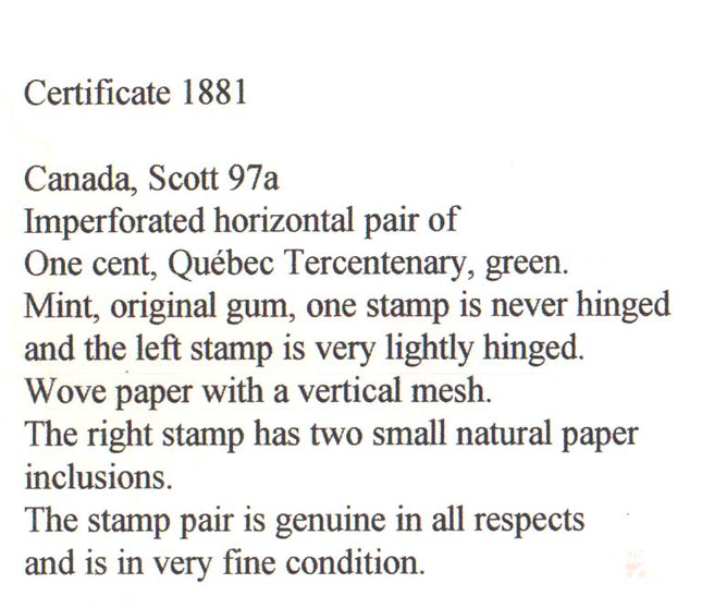 Canada #97a XF Mint Imperforate Pair **With Certificate**