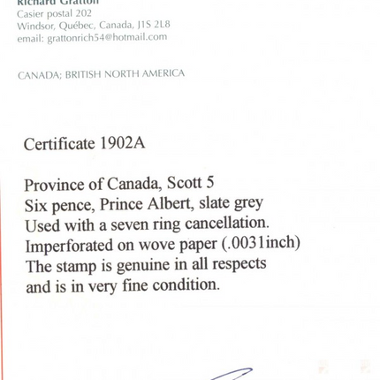 Canada #5 VF Used **With Certificate**