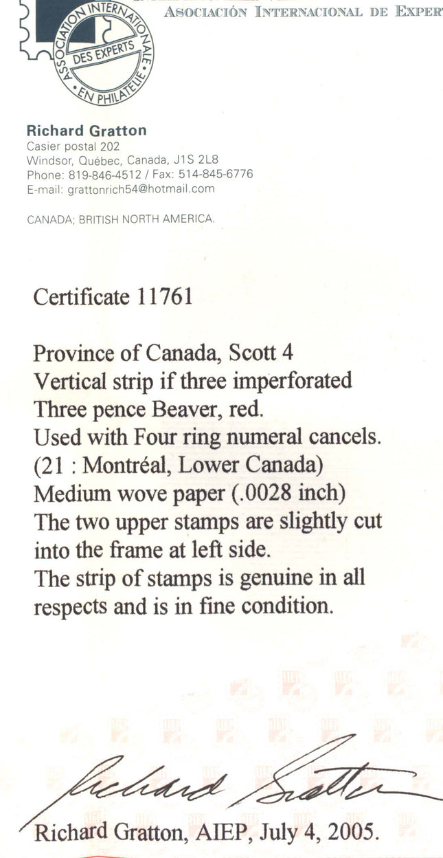 Canada #4 Used Showpiece Strip Of Three  **With Cert.**