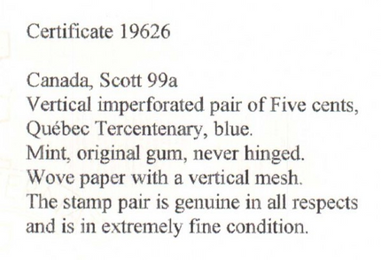 Canada #99a XF/NH Imperforate Pair **With Certificate**