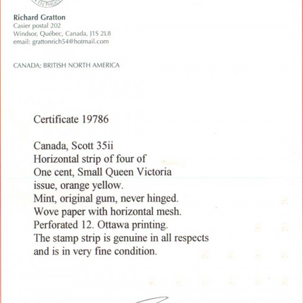 Canada #35ii VF/NH Strip Of Four  **With Certificate**
