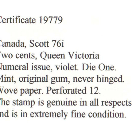 Canada #76i XF/NH **With Certificate**