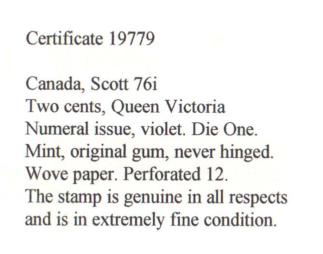 Canada #76i XF/NH **With Certificate**
