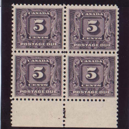 Canada #J9 XF/NH Plate #1 Block