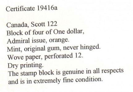 Canada #122 NH Mint Block  **With Certificate**