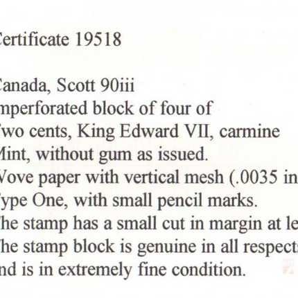 Canada #90iii XF Mint Type 1 Imperf Block **With Certificate**