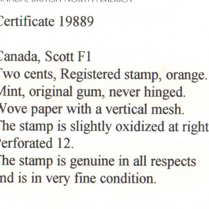 Canada #F1 NH Mint Superb Gem  **With Certificate**