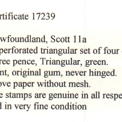 Newfoundland #11a XF/NH Triangle Block **With Certificate**