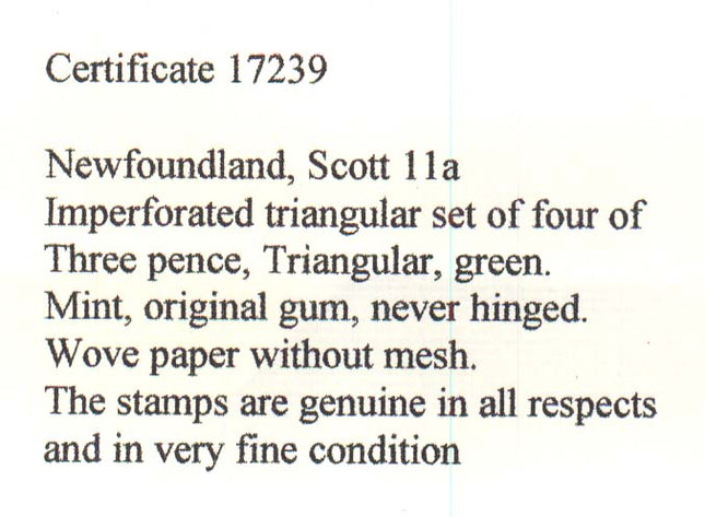 Newfoundland #11a XF/NH Triangle Block **With Certificate**