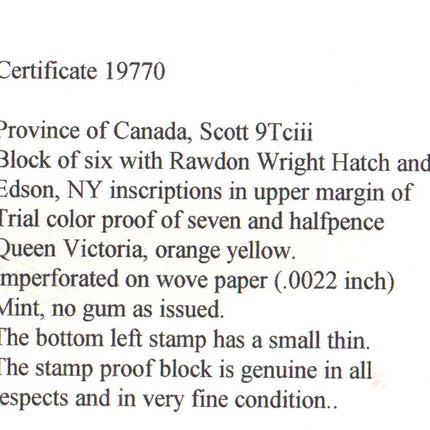 Canada #9TCiii XF Proof Imprint Blk Of 6 **With Cert.**