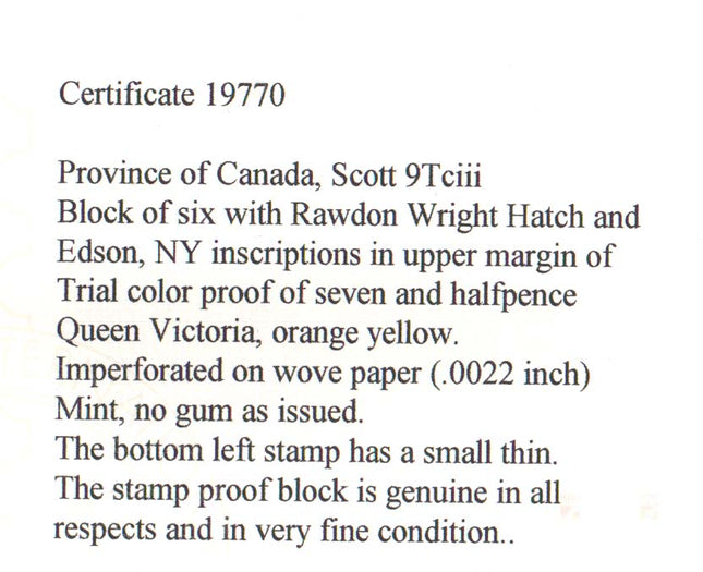 Canada #9TCiii XF Proof Imprint Blk Of 6 **With Cert.**