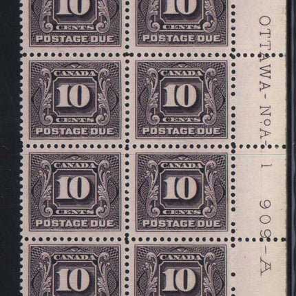 Canada #J5 VF/NH Plate #1 Block Of 8
