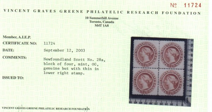 Newfoundland #28a VF Mint Rare Block **With Certificate**