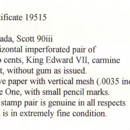 Canada #90iii XF Mint Type 1 Imperf Pair **With Cert.**