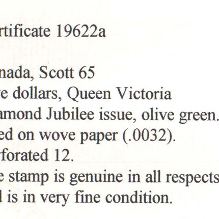 Canada #65 Used With Light Magenta Cancel  **With Certificate**