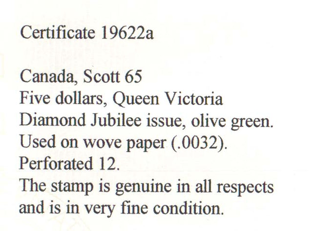 Canada #65 Used With Light Magenta Cancel  **With Certificate**