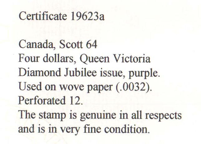 Canada #64 VF Used With Light Magenta Cancel *With Cert.*