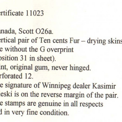 Canada #O26a XF/NH Pair Missing G **With Certificate**