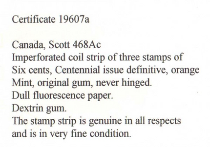 Canada #468ac XF/NH Imperforate Strip Of Three **With Cert.**