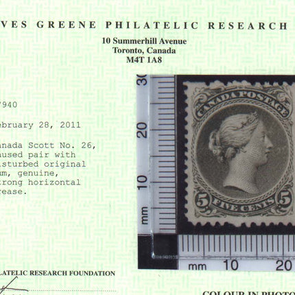 Canada #26 Mint Rare Pair  **With Certificate**