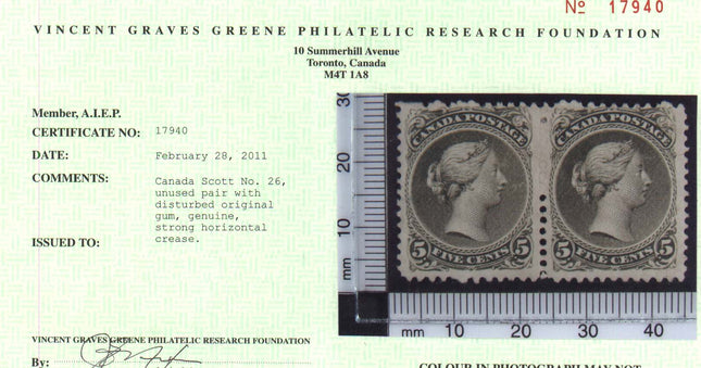 Canada #26 Mint Rare Pair  **With Certificate**