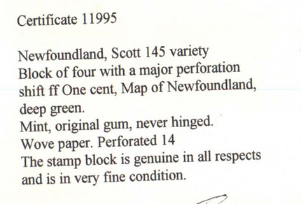Newfoundland #145 VF Mint Amazing Perf Error Block  **With Cert.**