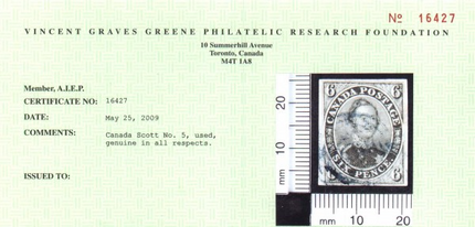 Canada #5 XF Used With Blue Cancel **With Certificate**