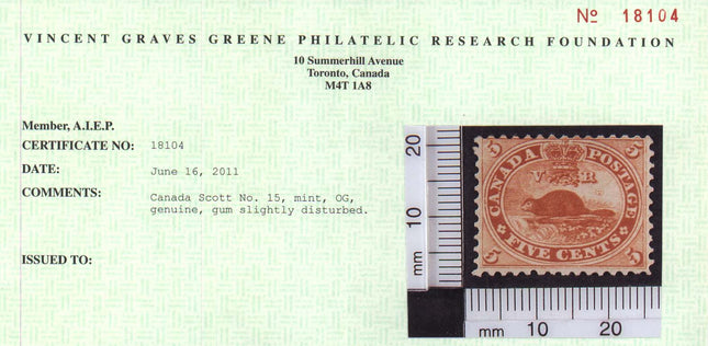 Canada #15 Mint  **With Certificate**