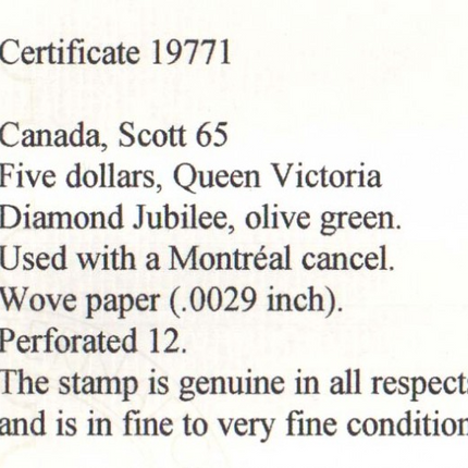 Canada #65 Used With Montreal CDS Cancel  **With Certificate**