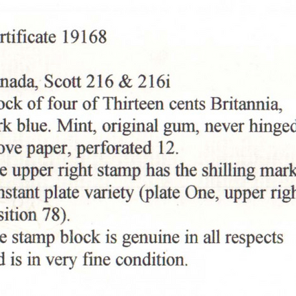 Canada #216i VF/NH Shilling Mark Variety Block  **With Certificate**