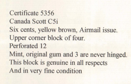 Canada #C5i VF Mint Corner Block **With Certificate**