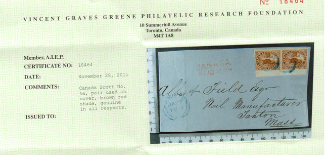 Canada #4a VF Used Sheet Margin Pair On Cover **With Certificate**