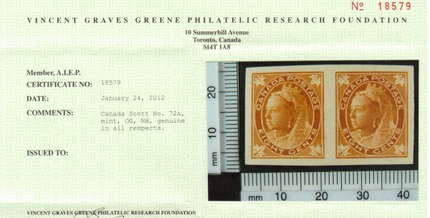 Canada #72a XF/NH Imperforate Pair  **With Certificate**