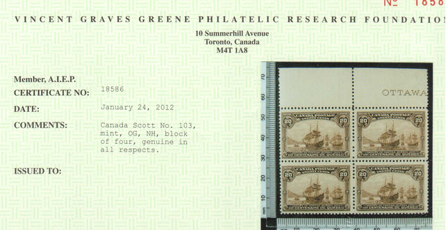 Canada #103 VF/NH Block **With Certificate**
