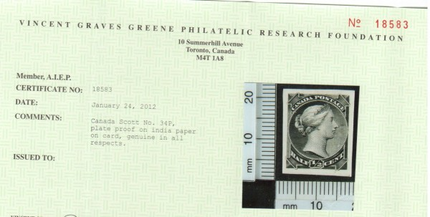 Canada #34P XF Proof On India Paper On Card  **With Certificate**